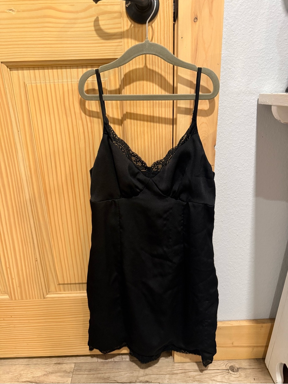 Princess Polly Black Lace-Trim Satin Mini Slip Dress